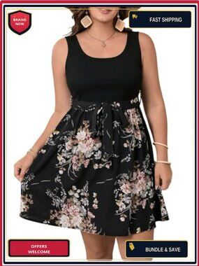 Plus Size Floral Tank Dress Sleeveless Square Neck A-Line Flowy Belted Summer